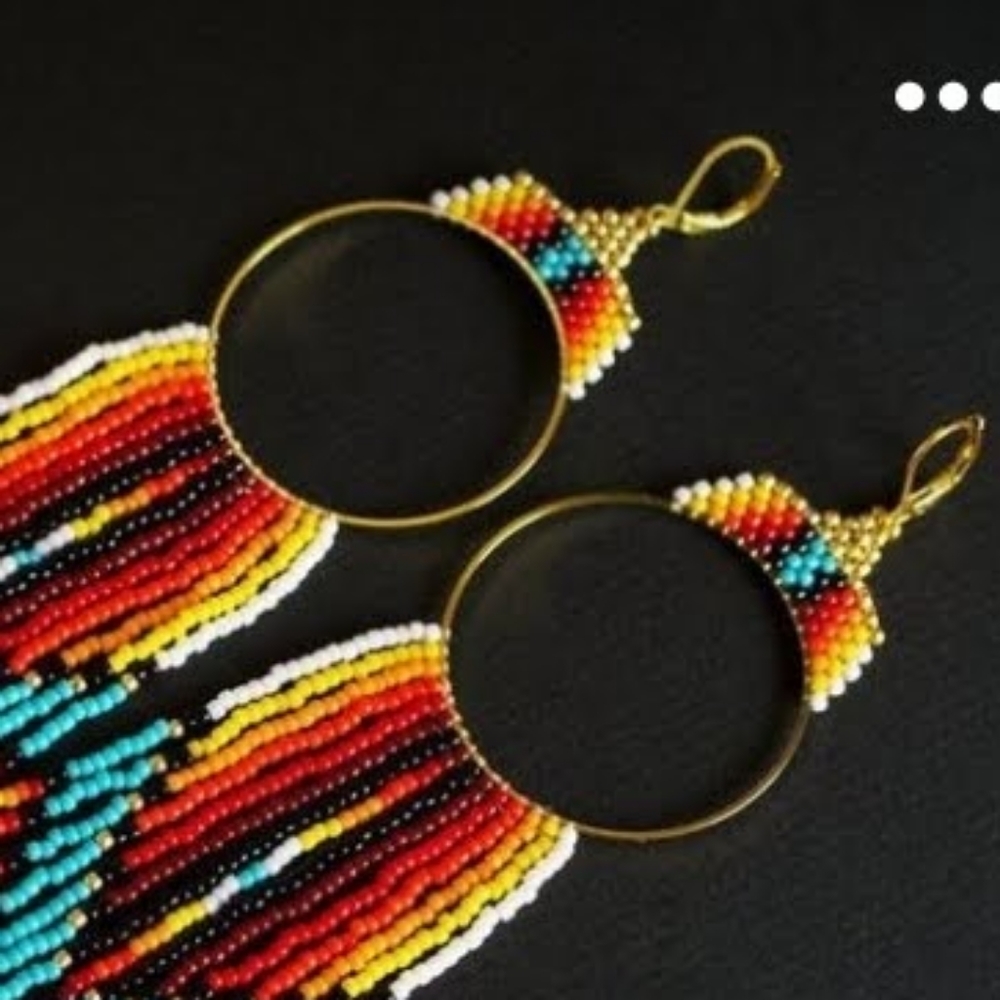Flat Beaded hoop tassel Earrings - Picture 2 of 3